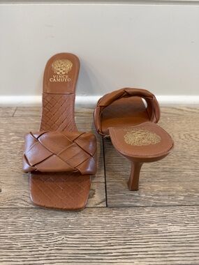 Vince Camuto Cognac Woven Leather Slide Heels
